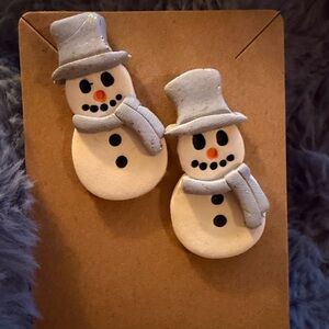 Snowman Handmade Polymer Clay Earrings with Gray Hats and Scarves